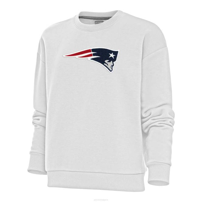 облекло Patriots Jersey антигуа бял суитшърт с деколте и пуловер от шенил Жени T8TH2426