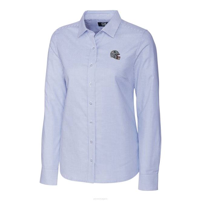 облекло Patriots Jersey cutter & buck светлосиня риза с лого на каска с разтегливо оксфордско райе и копчета с дълъг ръкав Жени T8TH2810