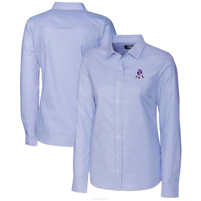 облекло Patriots Jersey cutter & buck powder синя риза с копче с дълги ръкави с лого с еластично оксфордско райе Жени T8TH2835