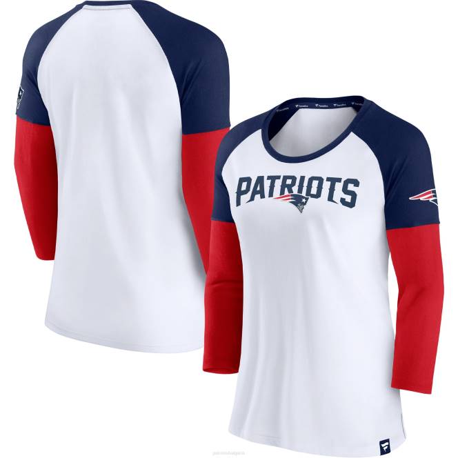 облекло Patriots Jersey бяла/тъмносиня издръжлива тениска с реглан 3/4 ръкави с марка fanatics Жени T8TH2644