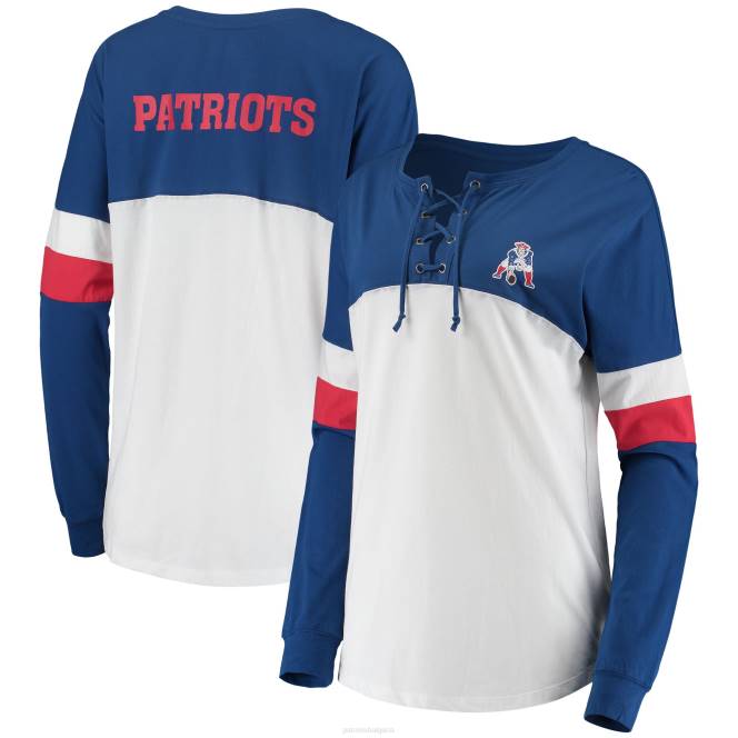 облекло Patriots Jersey нова ера кралска/бяла атлетична историческа университетска тениска с връзки Жени T8TH2749
