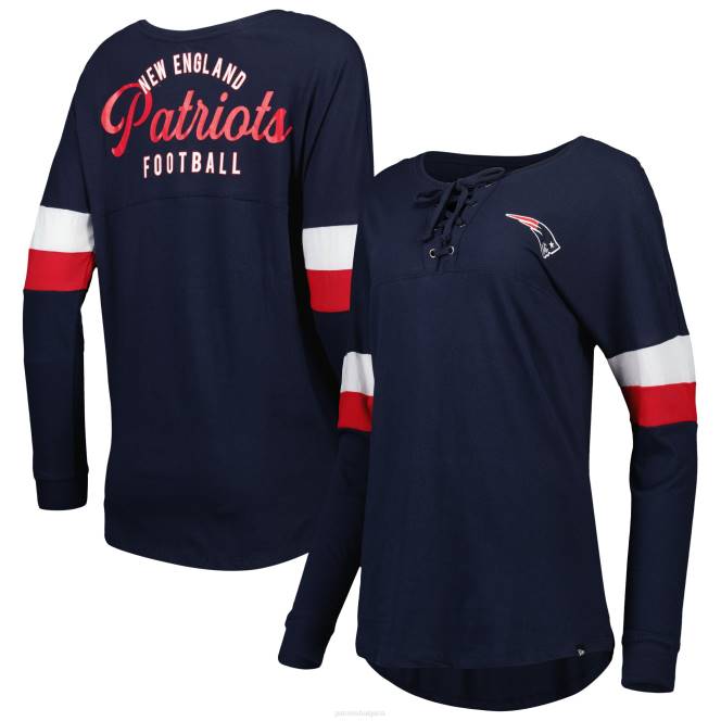облекло Patriots Jersey нова ера тъмносиня атлетична университетска лека тениска с връзки и дълъг ръкав Жени T8TH2762