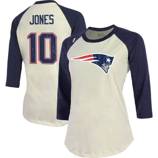 облекло Patriots Jersey величествени конци mac jones кремаво/тъмно синьо име и номер на играч реглан тениска с 3/4 ръкави Жени T8TH2776