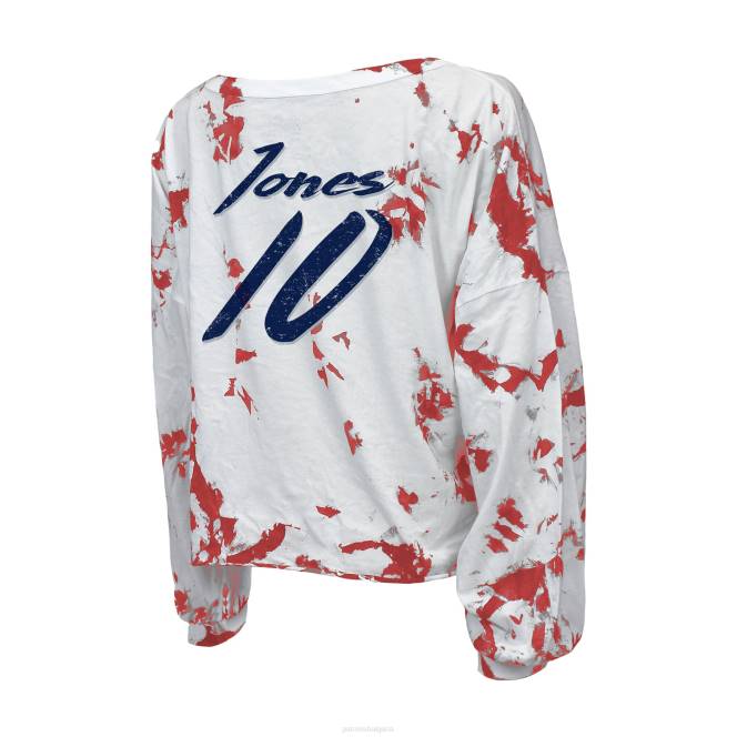 облекло Patriots Jersey величествени конци mac jones бяла тениска с къси рамена и вратовръзка, име и номер, изрязана тениска с v-образно деколте и дълъг ръкав Жени T8TH2694