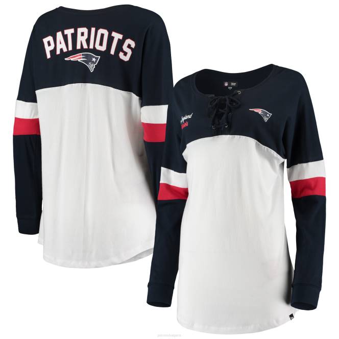 облекло Patriots Jersey нова ера бяла/темносиня атлетична университетска тениска с връзки и v-образно деколте с дълъг ръкав Жени T8TH2793