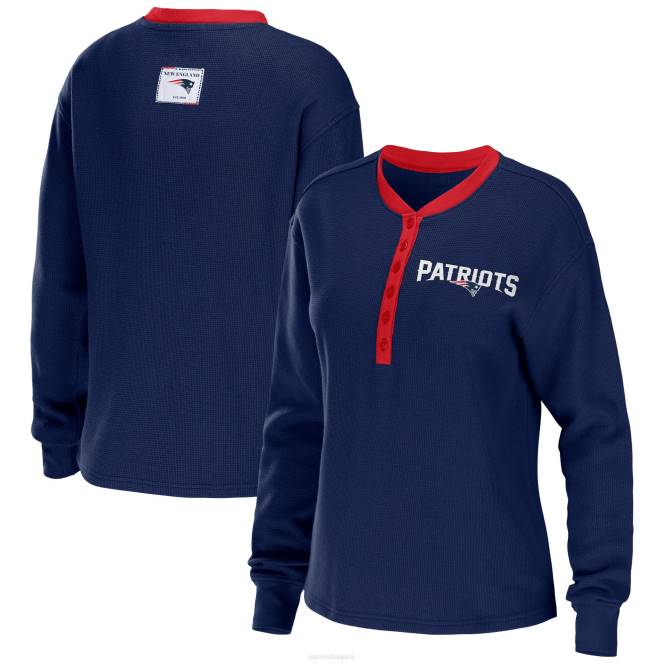 облекло Patriots Jersey wear by erin andrews тъмносиня тениска с дълъг ръкав с хенли Жени T8TH2670