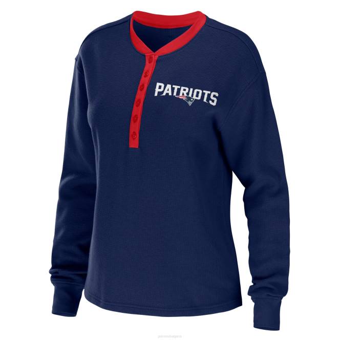 облекло Patriots Jersey wear by erin andrews тъмносиня тениска с дълъг ръкав с хенли Жени T8TH2670