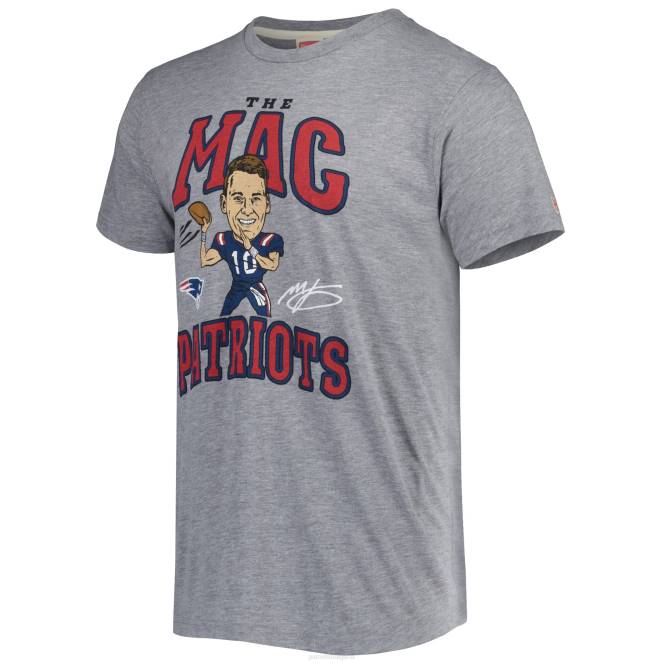 облекло Patriots Jersey Homage Mac Jones Heathered Grey Caricature Player Tri-Blend T-shirt мъже T8TH1987
