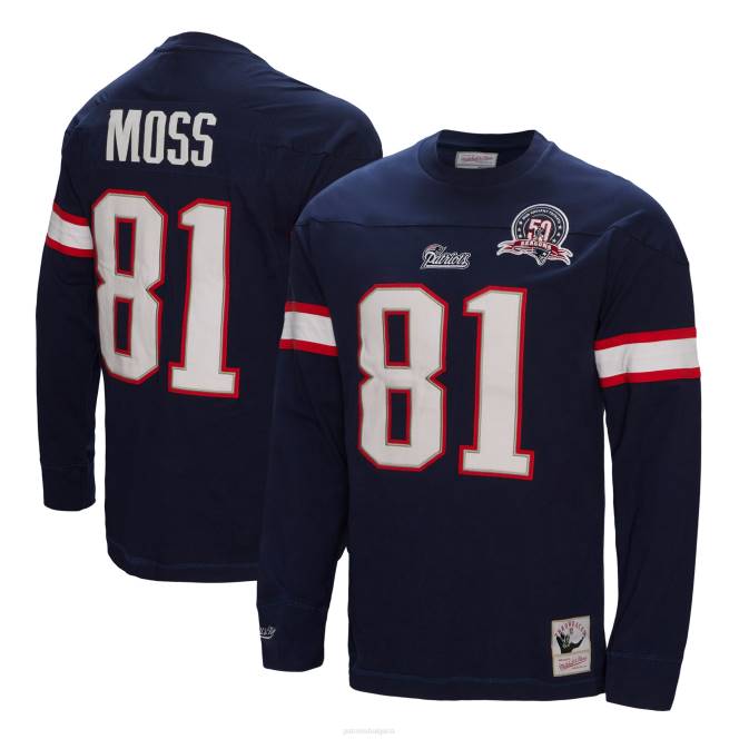 облекло Patriots Jersey mitchell & ness randy moss синьо пенсиониран играч име и номер горнище с дълъг ръкав мъже T8TH1854